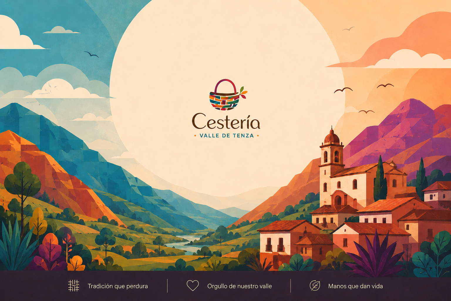 Ilustración cinematográfica del Valle de Tenza con pueblo y montañas